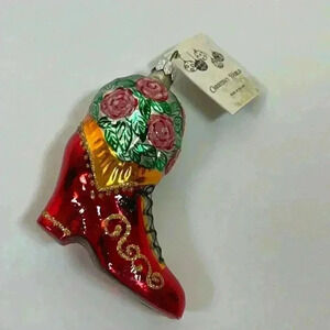 Vintage Christinas World Cowboy Boot Glass‎ Christmas Ornament Red Roses